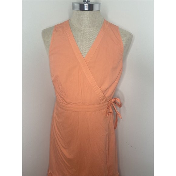 Talbots Cotton Wrap Dress Sz 10 Sleeveless Ruffle Tie Midi Coral Pink - Picture 2 of 11